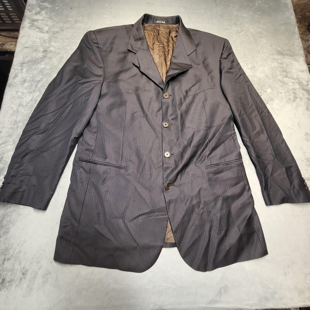 Everett Hall Suit Jacket Mens 44 Brown Striped Long Blazer Wool Italy Notch